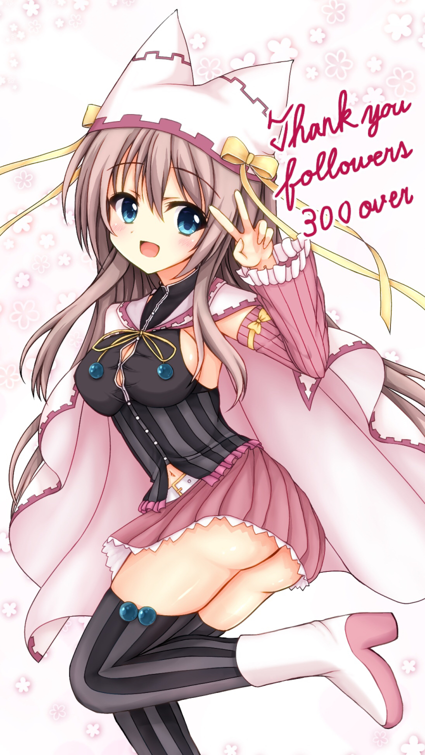 1girl :d animal_ear_headwear animal_ears ass black_shirt black_thighhighs blue_eyes blush boots bow breasts brown_hair cape commentary_request detached_sleeves english_text fake_animal_ears floating_cape floating_hair frilled_sleeves frills fuchigamimirai hair_between_eyes hand_up happy hat hat_bow hat_ribbon highres large_breasts long_hair long_sleeves looking_at_viewer magical_girl milestone_celebration open_mouth ribbon sanoba_witch shiiba_tsumugi shirt sidelocks simple_background sleeve_bow sleeveless sleeveless_shirt smile solo standing standing_on_one_leg striped_clothes striped_thighhighs thighhighs v vertical-striped_clothes vertical-striped_thighhighs very_long_hair white_background white_boots white_cape white_hat wide_sleeves yellow_bow yellow_ribbon