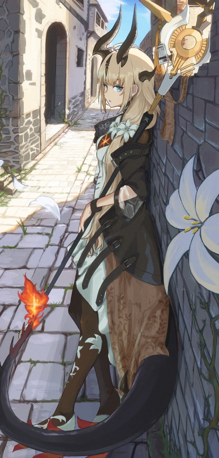 1girl absurdres arknights blonde_hair blue_eyes blue_sky dragon_girl dragon_horns dragon_tail dress fiery_tail fire flame-tipped_tail flower from_side full_body highres holding holding_staff horns izumo_(ton_63) light_in_heart long_hair long_sleeves looking_at_viewer outdoors pavement reed_(arknights) reed_the_flame_shadow_(arknights) sky solo staff stone_wall tail town wall white_dress white_flower