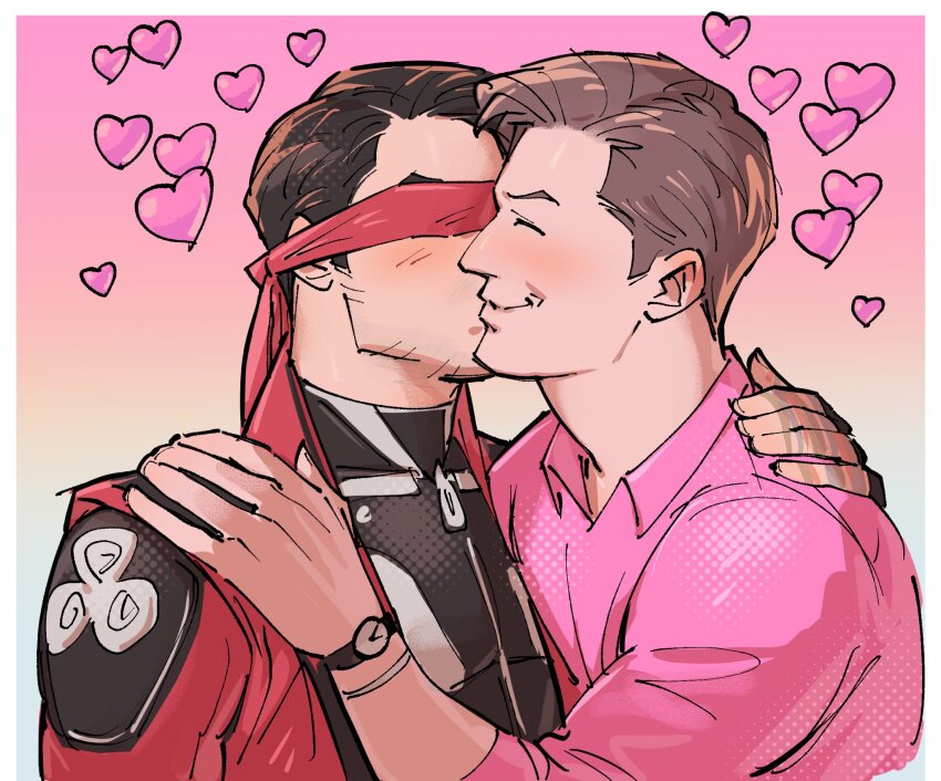 2boys beard_stubble blindfold border brown_hair closed_mouth collared_shirt commentary couple english_commentary facial_hair gradient_background halftone hand_on_another&#039;s_shoulder heart highres jacket johnny_cage kalamari kenshi_(mortal_kombat) kiss male_focus mortal_kombat_(series) mortal_kombat_1_(2023) multiple_boys open_clothes open_jacket profile red_blindfold red_jacket shirt sketch smile stubble upper_body white_border wing_collar yaoi