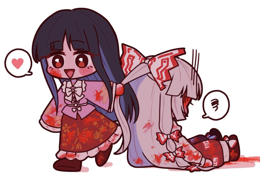 2girls black_hair blood blood_in_hair blood_on_clothes blood_on_face blood_on_hands blood_stain blush bow chibi chibi_only dragging fujiwara_no_mokou hair_bow heart highres hime_cut houraisan_kaguya long_hair long_skirt long_sleeves multiple_girls ofuda ofuda_on_clothes open_mouth pants pink_shirt red_eyes red_pants shirt simple_background skirt smile spoken_heart ta_mi_01000 touhou very_long_hair white_background white_bow white_hair wide_sleeves
