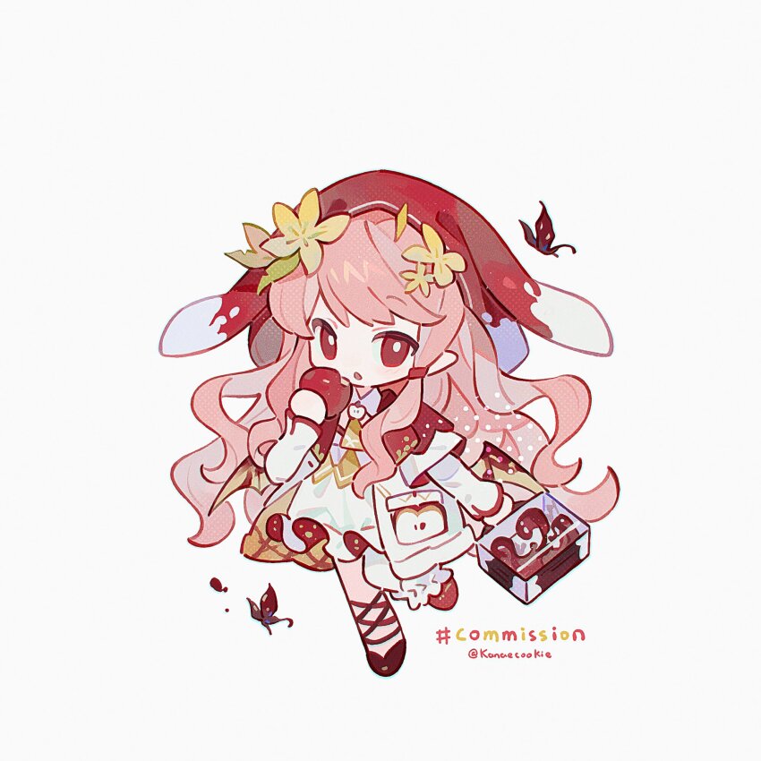 1girl apple ball_hands chibi chibi_only commission dress food fruit full_body hat highres holding holding_food holding_fruit holding_suitcase kanae_(cookie) long_hair long_sleeves looking_at_viewer necktie open_mouth original pink_hair red_eyes red_hat red_shoes shoes simple_background solo standing standing_on_one_leg suitcase twitter_username white_background white_dress yellow_necktie