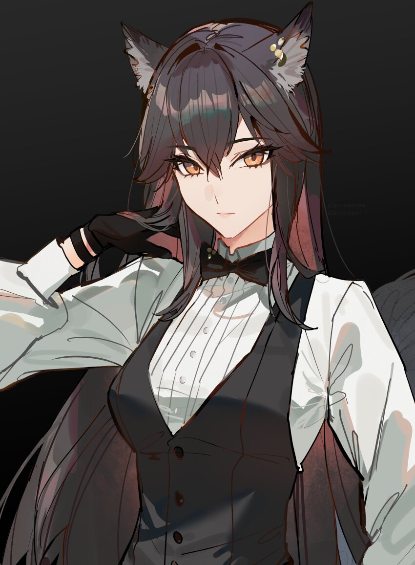 1girl absurdres animal_ear_fluff animal_ears arknights black_background black_bow black_bowtie black_gloves black_hair black_vest bow bowtie breasts closed_mouth gloves gradient_hair highres kanniiepan long_hair long_sleeves looking_at_viewer medium_breasts multicolored_hair orange_eyes red_hair shirt simple_background solo tail texas_(arknights) traditional_bowtie two-tone_hair upper_body very_long_hair vest white_shirt wolf_ears wolf_girl wolf_tail