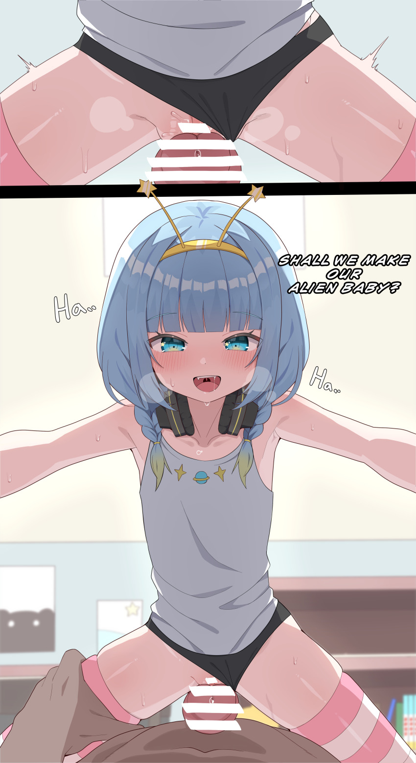 1boy 1girl absurdres bar_censor blue_eyes blue_hair blush braid censored clothed_female_nude_male clothed_sex clothing_aside cowgirl_position english_text flat_chest gradient_hair headphones headphones_around_neck hetero highres indoors jelly_hoshiumi loli multicolored_hair nude onion_(tamanegi) open_mouth panties panties_aside penis phase_connect pov pov_crotch pov_hands precum pussy sex shirt sleeveless sleeveless_shirt straddling striped_clothes striped_thighhighs sweat thighhighs two-tone_hair underwear vaginal virtual_youtuber