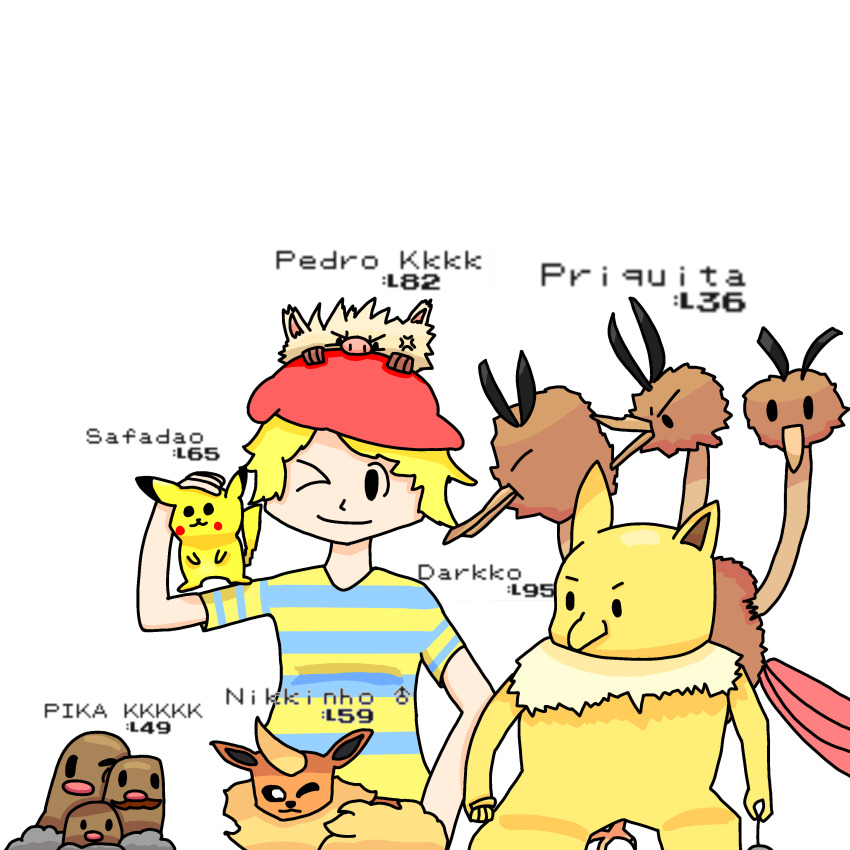 absurdres artist_request blonde_hair dodrio dugtrio flareon gen_1_pokemon highres hypno nintendo pikachu pokemon primeape red_cap self-upload source_request