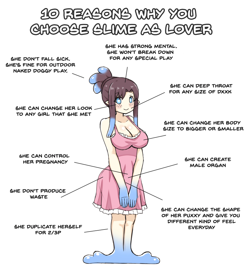 1girl absurdres bare_shoulders blue_hair blush breasts brown_hair censored censored_text cleavage diagram dress english_text engrish_text greenteaneko highres large_breasts long_hair looking_at_viewer monster_girl multicolored_hair original pink_dress pointy_ears ponytail ranguage slime_girl smile solo text_focus