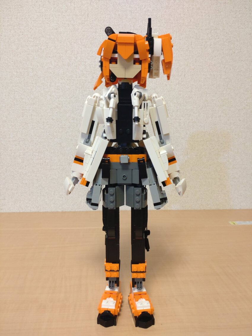 1girl a.i._voice adachi_rei arms_at_sides belt belt_buckle black_leggings black_shirt buckle choroli_(chorolin) drawstring full_body gloves grey_shorts hair_ribbon headlamp highres jacket leggings lego_(medium) long_sleeves looking_at_viewer medium_hair one_side_up open_clothes open_jacket orange_belt orange_eyes orange_hair orange_shoes radio_antenna ribbon shirt shoes shorts solo standing straight-on unconventional_media utau white_gloves white_jacket white_ribbon