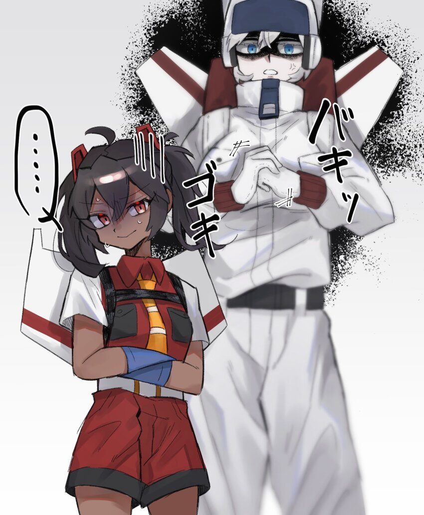 ... 2girls anger_vein belt black_belt black_hair blue_eyes blue_gloves collared_shirt cowlick cracking_knuckles dark-skinned_female dark_skin genderswap genderswap_(mtf) gloves grey_belt grey_hair head_tilt highres humanization idzuki_kenkyu-in jetfire jumpsuit looking_at_viewer medium_hair multiple_girls necktie nervous_sweating orange_eyes orange_necktie parted_lips red_shirt red_shorts shaded_face shirt short_hair shorts speech_bubble starscream sweat transformers transformers:_war_for_cybertron_trilogy twintails white_gloves white_jumpsuit