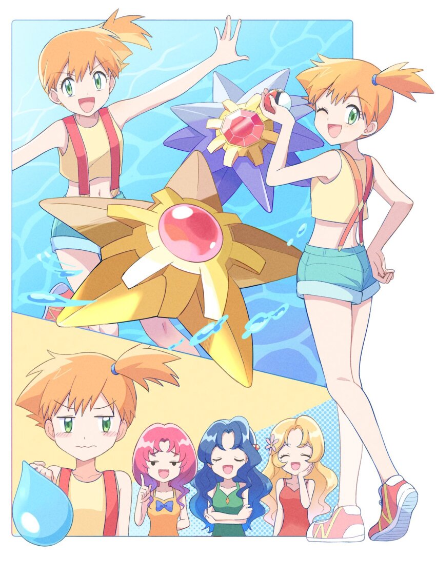 4girls :d ;d ass asymmetrical_hair blonde_hair blue_hair blush breasts closed_mouth crop_top crossed_arms daisy_(pokemon) denim denim_shorts dress eyelashes flower gen_1_pokemon green_dress green_eyes gym_leader hair_flower hair_ornament hair_tie hand_on_own_hip hand_up happy highres holding holding_poke_ball legs lily_(pokemon) long_hair looking_at_viewer mei_(maysroom) midriff misty_(pokemon) multiple_girls navel nintendo one_eye_closed open_mouth orange_hair pink_hair poke_ball poke_ball_(basic) pokemon pokemon_(anime) pokemon_(classic_anime) ponytail red_footwear shirt shoes short_hair short_shorts shorts side_ponytail sleeveless sleeveless_dress sleeveless_shirt smile sneakers standing starmie staryu suspender_shorts suspenders tank_top violet_(pokemon) water wavy_mouth wink yellow_shirt yellow_tank_top
