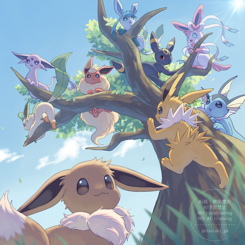 climbing climbing_tree eevee espeon flareon gen_1_pokemon gen_2_pokemon gen_4_pokemon gen_6_pokemon glaceon highres ibusaki_(ivu) jolteon leafeon looking_at_viewer nintendo no_humans pokemon pokemon_(creature) sylveon tail tree umbreon vaporeon
