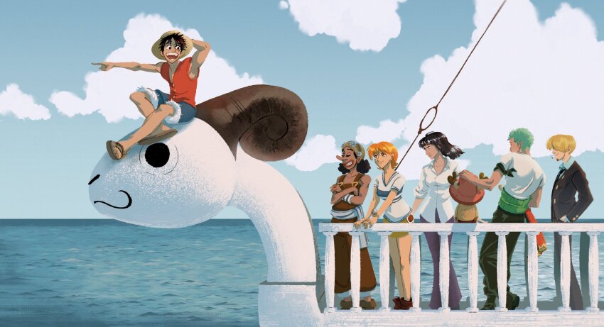 2025 2girls 5boys artofgiuls black_hair black_pants black_suit blonde_hair blue_shorts blunt_bangs brown_overalls cloud commentary crossed_arms floating_hair formal_clothes going_merry green_hair hand_on_headwear haramaki hashtag-only_commentary hat highres long_nose medium_hair monkey_d._luffy multiple_boys multiple_girls nami_(one_piece) nami_(one_piece)_(east_blue) nico_robin nico_robin_(alabasta) ocean one_piece orange_hat outdoors overalls pants pointing purple_pants red_shirt roronoa_zoro sandals sanji_(one_piece) sash shirt short_hair shorts sitting sleeveless sleeveless_shirt smile straw_hat straw_hat_pirates suit symbol-only_commentary t-shirt tony_tony_chopper usopp white_sash white_shirt wristband