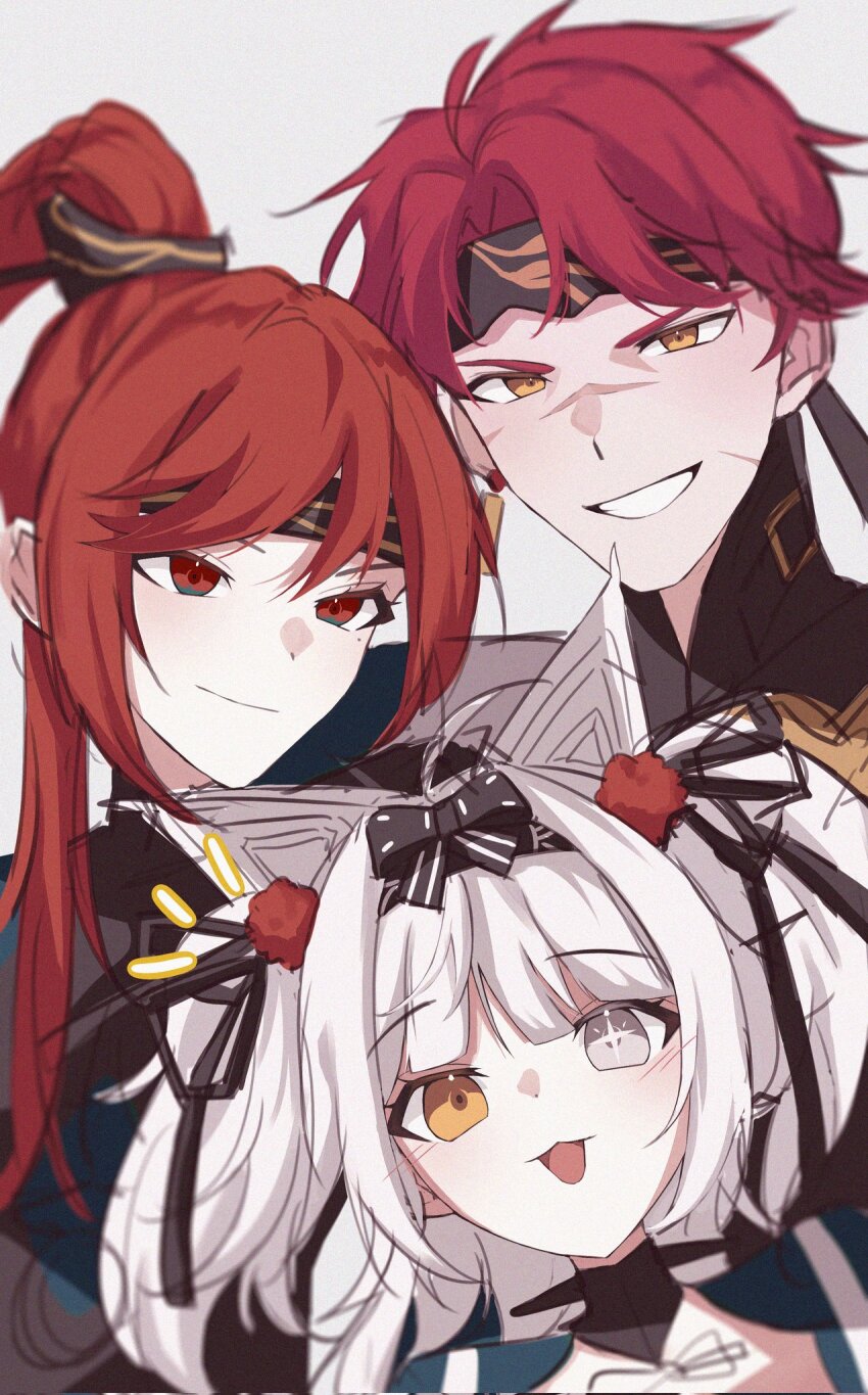 1boy 2girls ahoge animal_ears black_bow black_hairband black_headband bow cross-shaped_pupils dooyam_830 facial_scar grey_eyes grey_hair grin hair_ornament hairband headband heterochromia highres long_hair mechanical_ears mismatched_pupils multiple_girls no._21:_feral_scent_(pgr) no._21_(pgr) noctis_(pgr) official_alternate_costume orange_eyes pom_pom_(clothes) pom_pom_hair_ornament ponytail punishing:_gray_raven red_eyes red_hair red_pom_poms scar scar_on_cheek scar_on_face scar_on_nose short_hair sidelocks smile symbol-shaped_pupils vera:_garnet_(pgr) vera_(pgr) wolf_ears