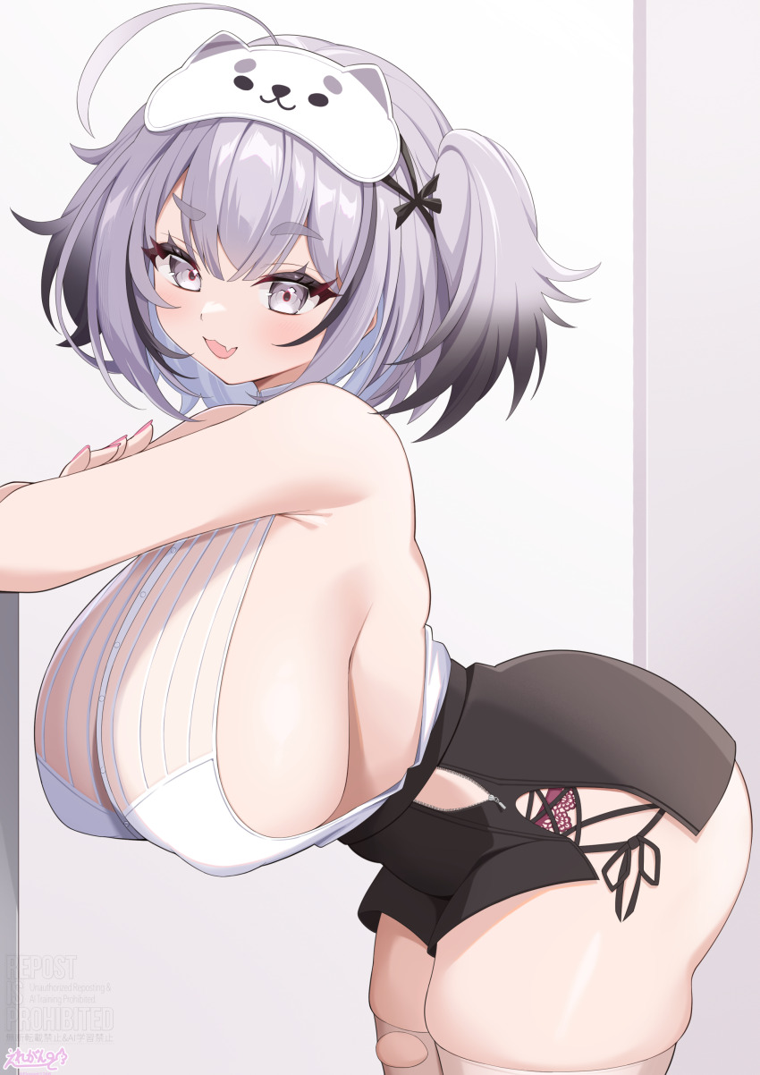 1girl absurdres azur_lane black_skirt blush breasts curvy elegant_(sumisumi4268) eye_mask gradient_hair grey_eyes grey_hair hanging_breasts highres huge_breasts looking_at_viewer mask mask_on_head multicolored_hair nail_polish_brush official_alternate_costume open_mouth panties red_panties see-through_clothes see-through_thighhighs shirt sideboob sideless_shirt skirt sleep_mask sleeveless smile solo thick_thighs thighhighs thighs torn_clothes torn_thighhighs underwear white_shirt z13_(azur_lane) z13_(strategic_date_solution)_(azur_lane)