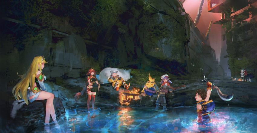 animal_ears arm_up campfire cat_ears daible dromarch_(xenoblade) eunie_(xenoblade) fish highres lanz_(xenoblade) looking_back manana_(xenoblade) mio_(xenoblade) mythra_(xenoblade) nia_(xenoblade) noah_(xenoblade) partially_submerged ponytail poppi_(xenoblade) poppi_alpha_(xenoblade) pyra_(xenoblade) rex_(xenoblade) riku_(xenoblade) sena_(xenoblade) sleeveless smile soaking_feet taion_(xenoblade) time_paradox tora_(xenoblade_2) water xenoblade_chronicles_(series) xenoblade_chronicles_2 xenoblade_chronicles_3