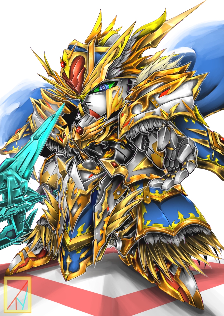 arthur_gundam_mk-iii blue_cape blue_eyes cape colored_sclera denjyou23 green_sclera gundam highres holding holding_weapon looking_at_viewer mecha no_humans open_hand robot sd_gundam sd_gundam_world_heroes solo standing v-fin weapon
