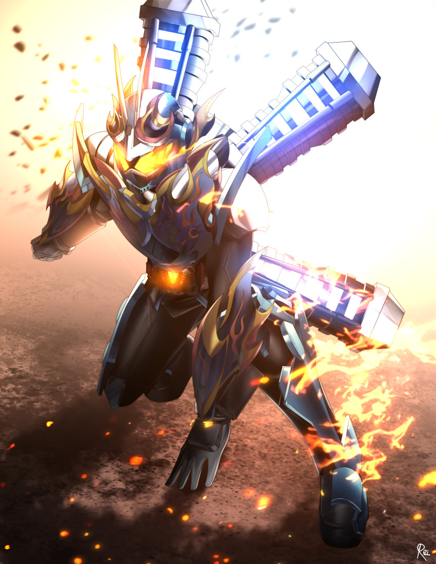 1boy absurdres antennae armor black_bodysuit blue_armor blue_fire bodysuit bug clenched_hands fire flame_print gloves glowing glowing_eyes goggles goggles_on_head gotcha_driver grasshopper highres insect kamen_rider kamen_rider_fire_gotchard kamen_rider_gotchard kamen_rider_gotchard_(series) landing male_focus orange_eyes orange_fire reiei_8 rider_belt solo superhero_landing thrusters tokusatsu white_gloves