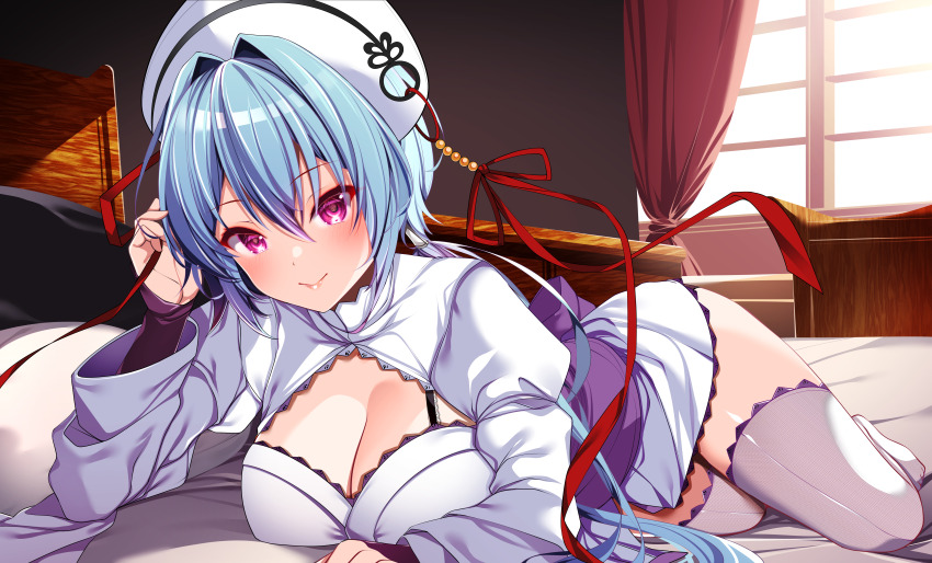 1girl absurdres bed blue_hair blush breasts chouun_(koihime_musou) cleavage commentary_request geta hair_between_eyes hat highres indoors japanese_clothes koihime_musou large_breasts looking_at_viewer lying obi on_bed origami_aya purple_eyes ribbon sandals sash short_hair solo thighhighs white_thighhighs wide_sleeves zettai_ryouiki