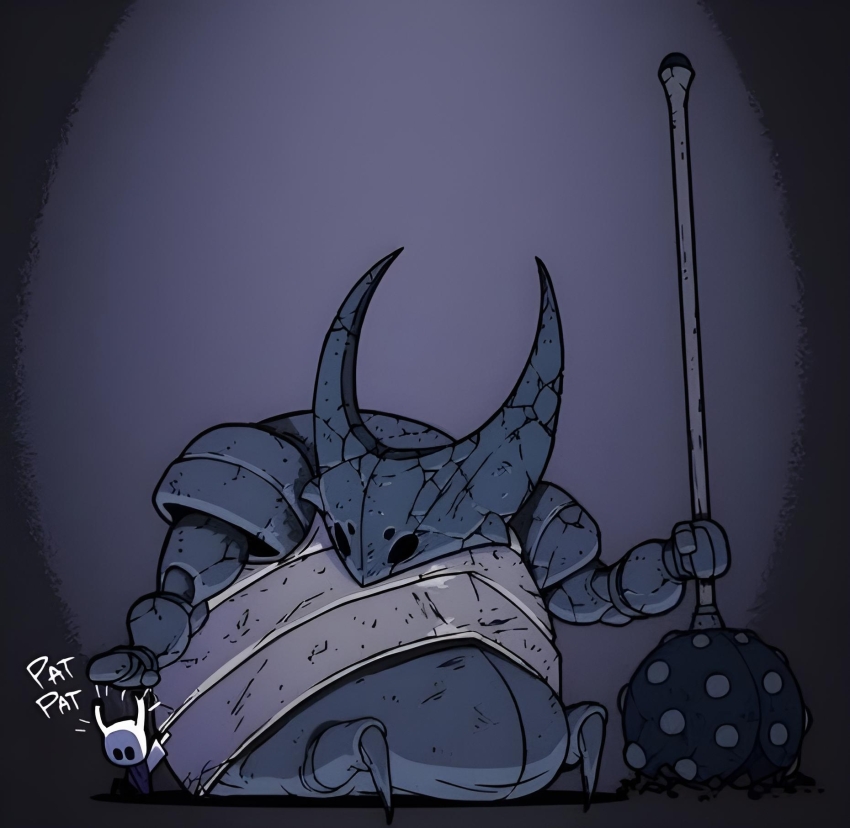 black_eyes broken false_knight_(hollow_knight) highres hollow_eyes hollow_knight horns hungry knight_(hollow_knight) mace nail_(hollow_knight) sitting weapon