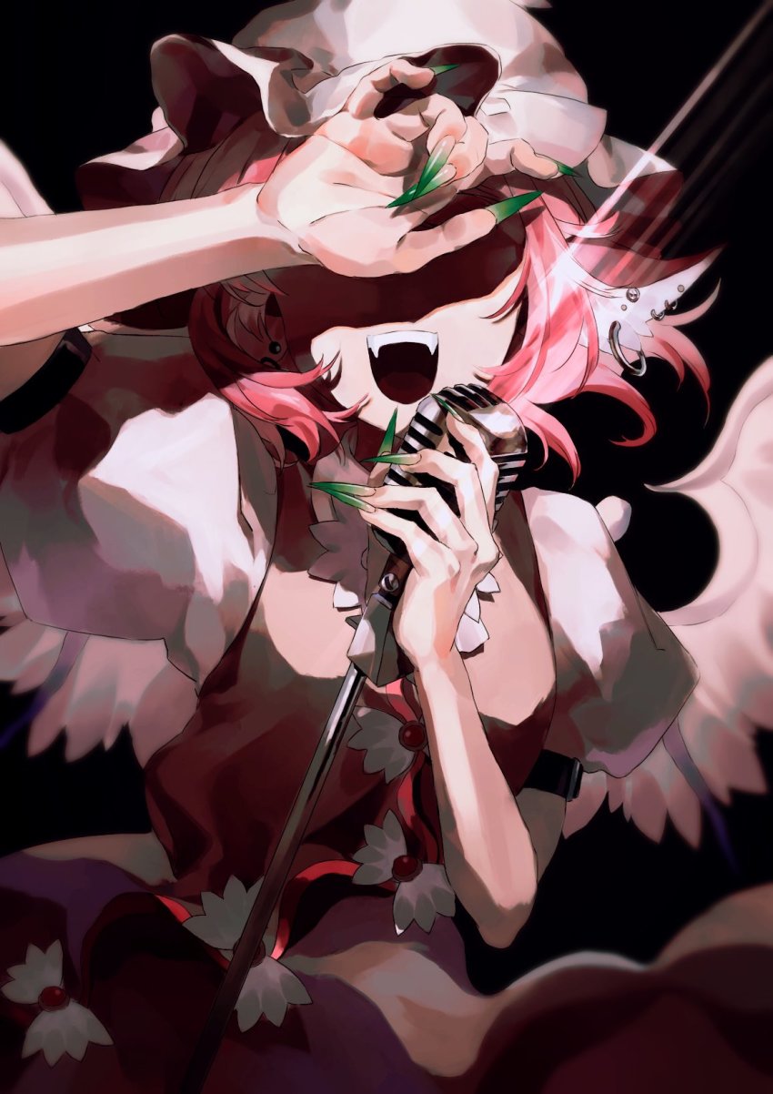 1girl ama_asagi animal_ears arm_up black_background bow breasts brown_dress brown_hat buttons collared_shirt commentary_request covering_own_eyes dress dress_bow earrings fang fangs fingernails green_nails grey_bow hands_up hat highres jewelry light long_fingernails medium_breasts microphone mob_cap music mystia_lorelei nail_polish open_mouth piercing pink_hair puffy_short_sleeves puffy_sleeves shadow sharp_fingernails shirt short_hair short_sleeves simple_background singing smile solo standing teeth touhou white_shirt