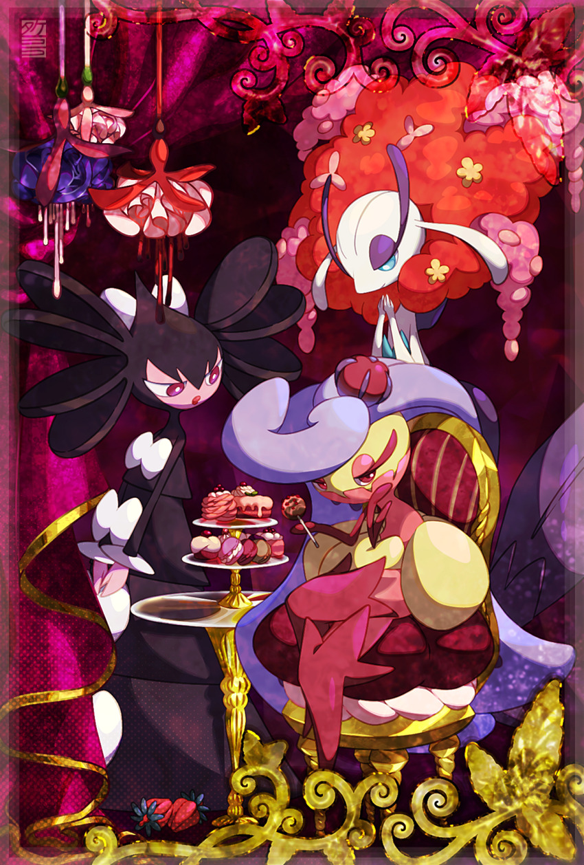 alternate_color berry_(pokemon) blue_eyes boots cake chair closed_mouth colored_skin commentary commentary_request crown curtains digitigrade english_commentary eyelashes eyeshadow florges florges_(red_flower) flower food gen_5_pokemon gen_6_pokemon gen_7_pokemon gothitelle half-closed_eyes highres holding holding_food long_hair looking_at_another looking_at_viewer looking_down macaron makeup mini_crown mixed-language_commentary multicolored_skin nintendo no_humans own_hands_together pink_eyes pink_eyeshadow pokemon pokemon_(creature) purple_hair roseli_berry seal_impression shiny_pokemon sitting standing swept_bangs takenokonoko thigh_boots tiered_tray tsareena two-tone_skin white_skin