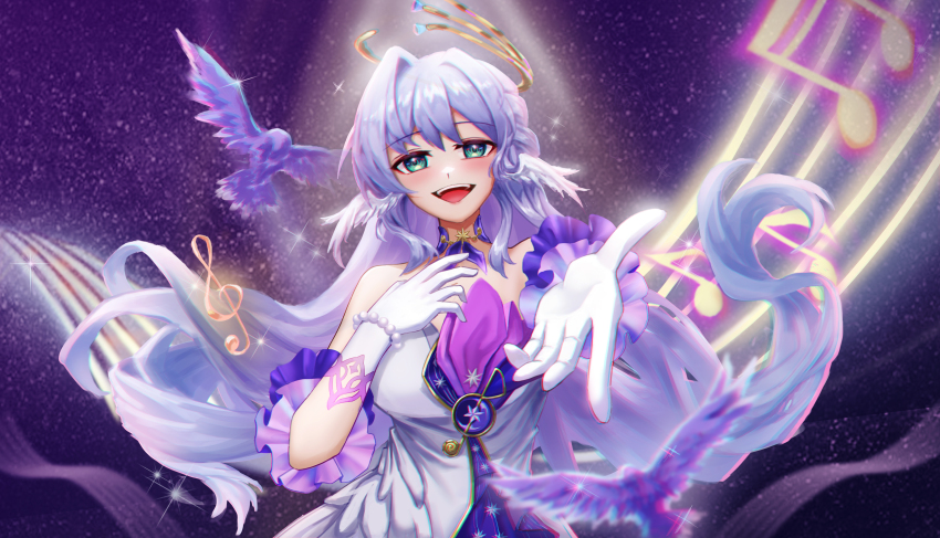 1girl absurdres aqua_eyes bare_shoulders choker commentary detached_sleeves dress gloves he7_(he7hihi) highres honkai:_star_rail honkai_(series) long_hair looking_at_viewer purple_choker purple_hair reaching reaching_towards_viewer revision robin_(honkai:_star_rail) solo musical_staff strapless strapless_dress treble_clef upper_body very_long_hair white_dress white_gloves