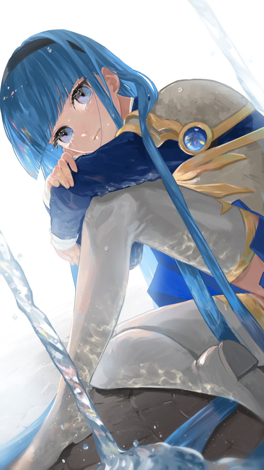 1girl 58_(scbaby) absurdres blue_eyes blue_hair blunt_bangs boots closed_mouth eyelashes highres long_hair looking_at_viewer magic_knight_rayearth puddle ryuuzaki_umi sitting solo thigh_boots water_drop white_background