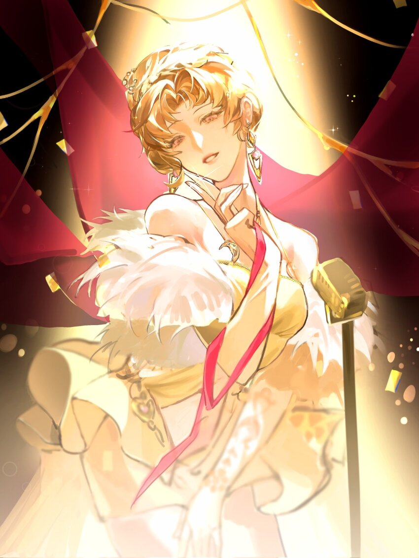 1girl blonde_hair cowboy_shot earrings highres jewelry looking_at_viewer microphone_stand milly_(path_to_nowhere) path_to_nowhere reina320795570 solo stage stage_lights standing