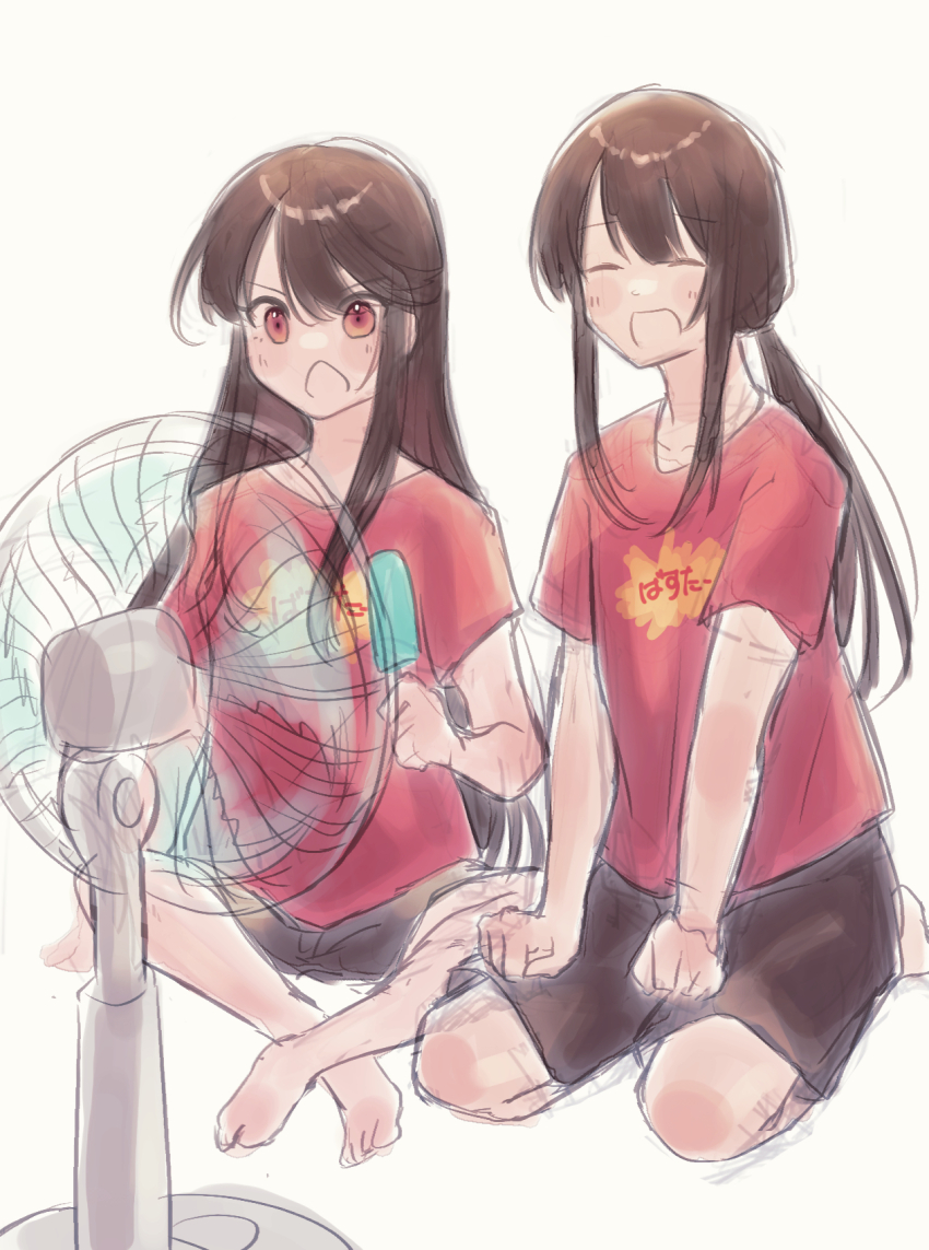 1boy 1girl :d bare_legs barefoot black_shorts brother_and_sister brown_hair buster_shirt butterfly_sitting center-flap_bangs chestnut_mouth collarbone fan_speaking fate/grand_order fate_(series) food full_body hair_between_eyes hand_on_ground hands_on_lap highres holding holding_food holding_popsicle hot light_blush long_hair low_ponytail mipi oda_nobukatsu_(fate) oda_nobunaga_(fate) oda_nobunaga_(koha-ace) open_mouth ponytail popsicle raised_eyebrows red_shirt seiza shirt shorts siblings sidelocks simple_background sitting sketch smile t-shirt v-shaped_eyebrows very_long_hair white_background