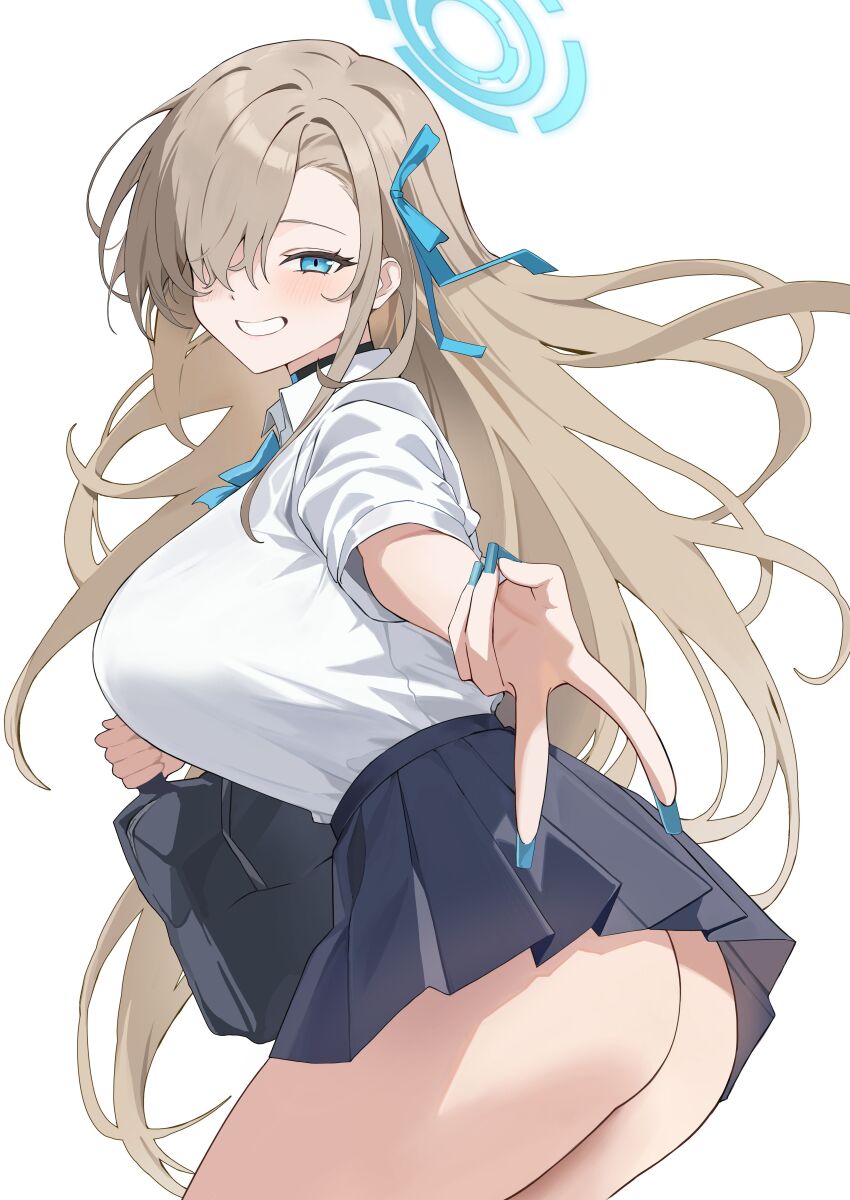 1girl absurdres ass asuna_(blue_archive) bag black_choker black_skirt blonde_hair blue_archive blue_eyes blue_nails bow bowtie breasts choker collared_shirt cone_(arca_live) cowboy_shot from_side grin hair_over_one_eye hair_ribbon halo highres large_breasts long_hair looking_at_viewer miniskirt nail_polish outstretched_arm pleated_skirt ribbon school_bag school_uniform shirt shirt_tucked_in skirt smile solo v very_long_hair white_shirt