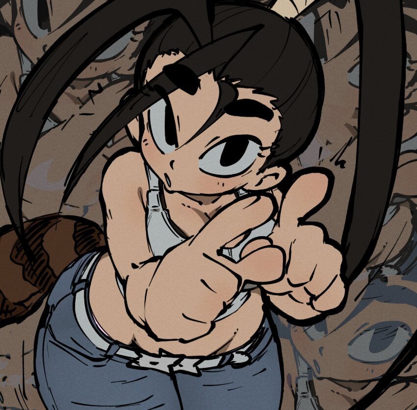black_hair bra bra_peek denim highres ibuki_(street_fighter) jeans jellot midriff panties pants panty_peek pointing ponytail raccoon_tail shuriken street_fighter tail tank_top thick_eyebrows thick_thighs thighs underwear weapon wide_hips