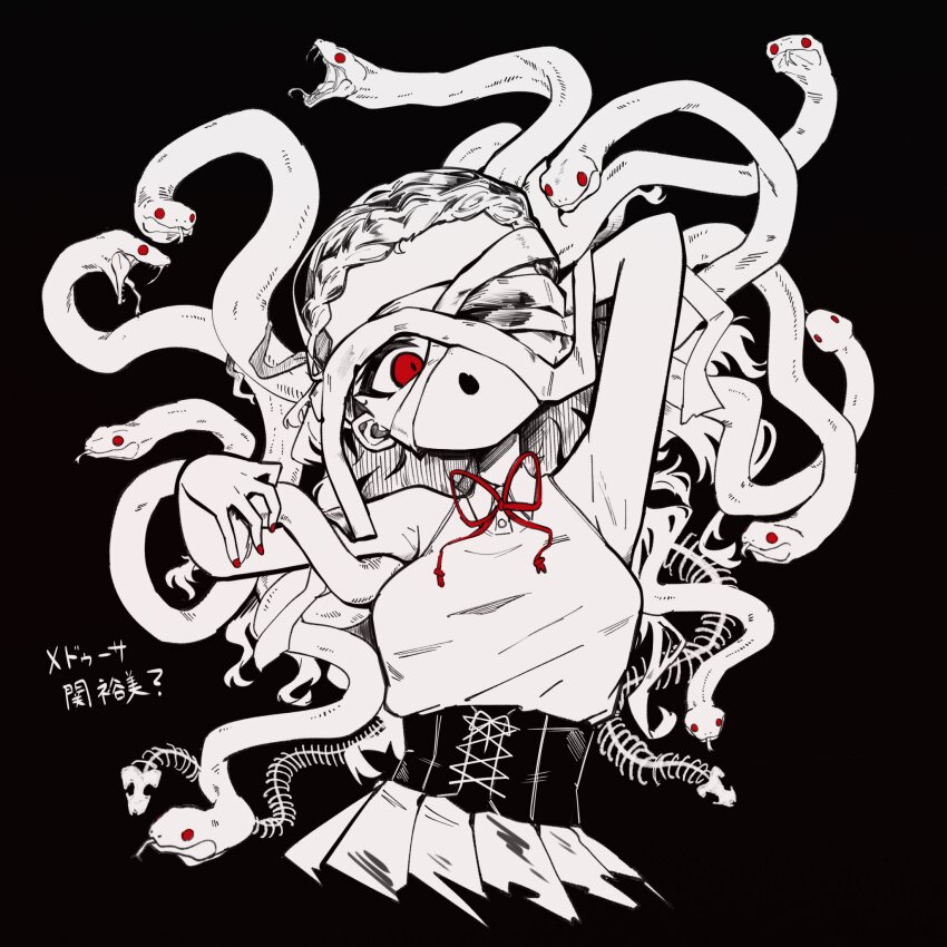 1girl anderson_m0311 arms_up bare_shoulders black_background braid commentary_request highres idolmaster idolmaster_cinderella_girls long_hair looking_at_viewer monochrome neck_ribbon open_mouth red_eyes red_nails ribbon seki_hiromi shirt skirt sleeveless sleeveless_shirt snake snake_hair solo spot_color translation_request upper_body
