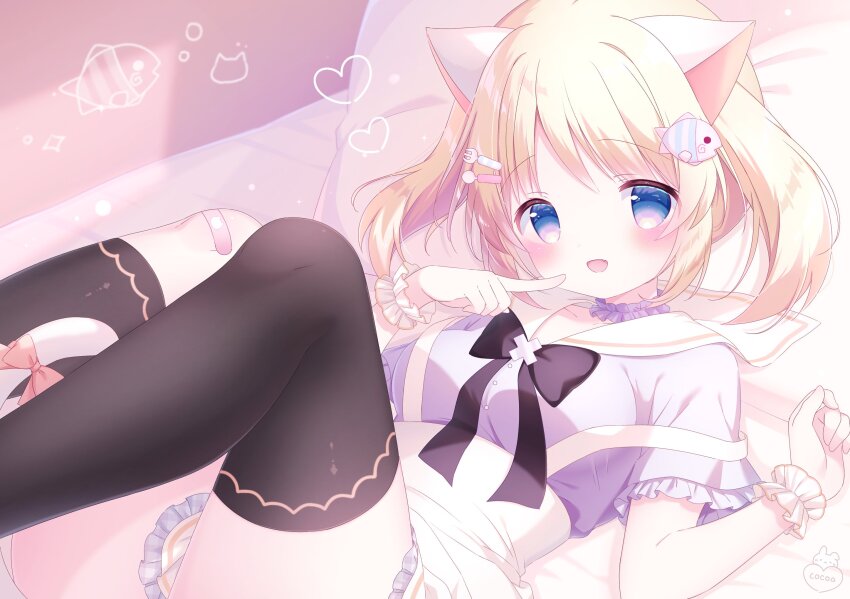 1girl :d :o animal_ear_fluff animal_ears black_bow blonde_hair blue_eyes blush bow cat_ears cat_girl cat_tail dress fang frills hair_between_eyes hair_bow hair_ornament hairclip heart highres long_hair looking_at_viewer lying open_mouth original pillow pleated_skirt puffy_short_sleeves puffy_sleeves ribbon sailor_collar school_uniform serafuku shirt short_hair short_sleeves sitting skirt smile solo tail thighhighs twintails underwear usami_cocoa white_shirt x_hair_ornament