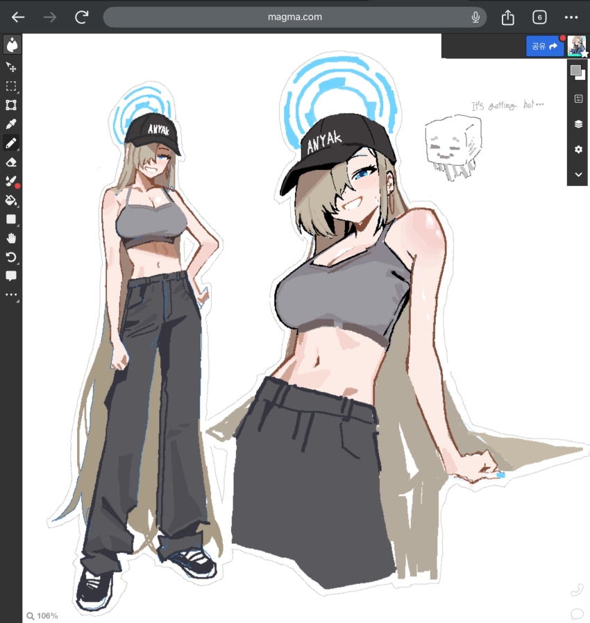 anyak05 artist_name asuna_(blue_archive) baseball_cap black_hat black_pants blonde_hair blue_archive blue_eyes blue_halo blue_nails breasts english_text female_focus ghast grey_tank_top halo hat highres large_breasts long_hair looking_at_viewer midriff minecraft outline pants shoes smile sneakers tagme tank_top white_background
