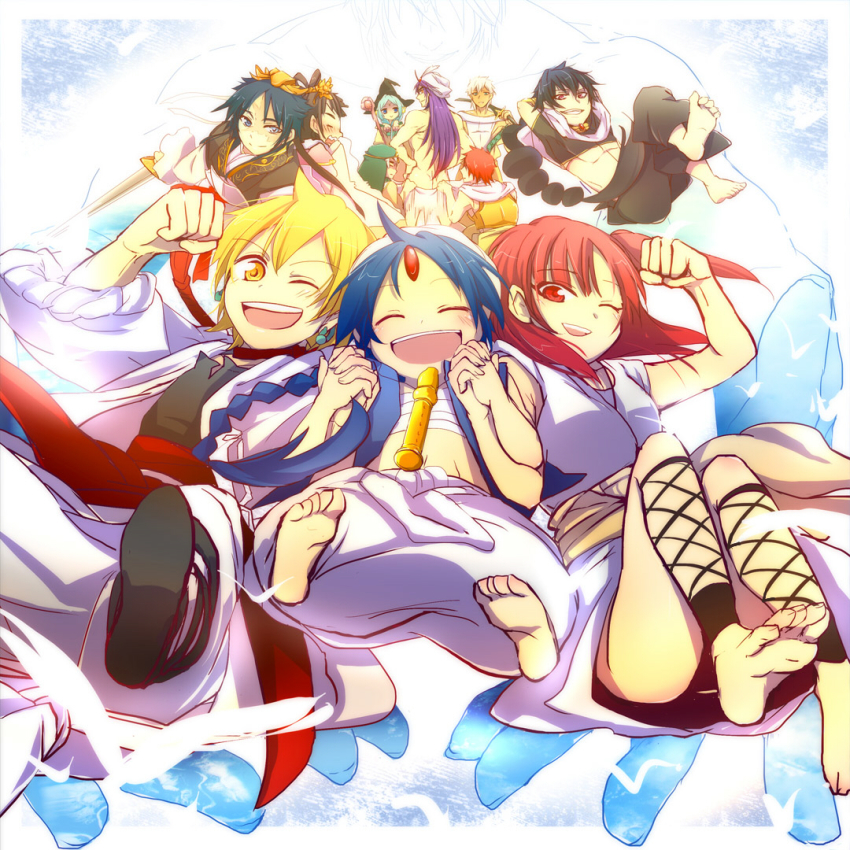 3girls 6+boys ;) ;d aladdin_(magi) alibaba_saluja armor arms_behind_head barefoot black_hair blonde_hair blue_hair blue_skin blush braid butt_crack clenched_hand closed_eyes closed_mouth colored_skin crop_top dark-skinned_male dark_skin everyone faceless faceless_male flute grey_eyes haru_aki hat holding_hands instrument interlocked_fingers ja&#039;far_(magi) jewelry judal long_hair magi_the_labyrinth_of_magic masrur midriff morgiana multiple_boys multiple_girls navel one_eye_closed open_mouth outstretched_arms pink_hair ponytail purple_hair red_eyes ren_hakuryuu ren_kougyoku sandwiched scar sharrkan side_ponytail sinbad_(magi) smile uugo white_hair witch_hat yamuraiha yellow_eyes