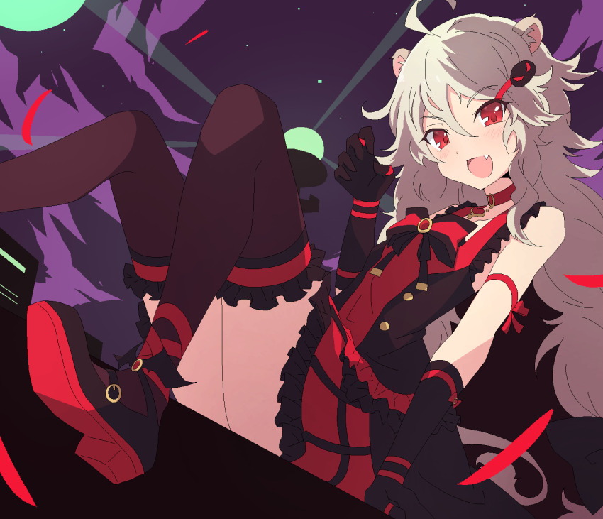 1girl ailane_(show_by_rock!!) animal_ears black_gloves blonde_hair claw_pose elbow_gloves flipped_hair gloves hair_ornament hairclip highres lion_ears lion_girl long_hair looking_at_viewer mary_janes nel-c red_eyes shoes show_by_rock!! solo thighhighs very_long_hair