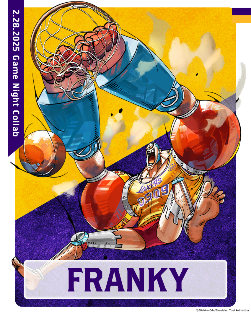 1boy artist_request ball barefoot basketball_(object) basketball_hoop basketball_jersey basketball_uniform blue_hair briefs character_name cyborg dated franky_(one_piece) highres large_pectorals leg_hair los_angeles_lakers male_focus male_underwear mechanical_arms mechanical_legs muscular muscular_male national_basketball_association net official_art one_piece open_mouth pectorals promotional_art shirt sideburns slam_dunk_(basketball) soles solo sportswear sunglasses toes underwear yellow_shirt