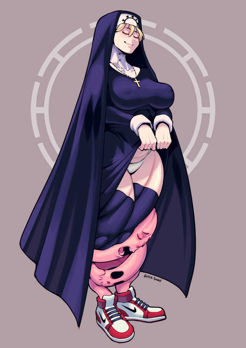 1girl artist_name black_dress black_veil blonde_hair breasts butter_sugoi closed_eyes clothes_lift commentary covered_erect_nipples cross cross_necklace double_(skullgirls) dress dress_lift extra_faces full_body highres impossible_clothes impossible_dress jewelry large_breasts lifting_own_clothes necklace nike_(company) nun panties shoes signature skullgirls smile sneakers solo underwear veil white_panties