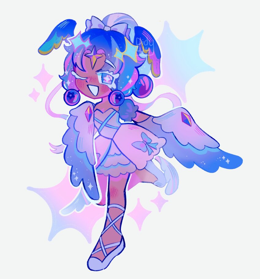 1girl blue_slushy_cookie blue_slushy_cookie_(glacial_waltz) cookie_run cookie_run:_ovenbreak didy414 dress feathered_wings half-harpy harpy head_wings highres humanization looking_at_viewer monster_girl open_mouth pink_hair purple_hair shoes short_hair simple_background smile solo white_background white_dress wings