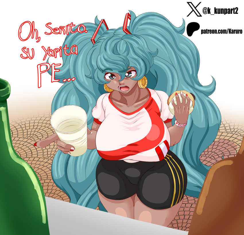 1girl absurdly_long_hair aqua_eyes aqua_hair borrowed_design breasts curvy dark-skinned_female dark_skin drink earrings food hatsune_miku highres holding holding_drink holding_food hoop_earrings jewelry karuro-kun large_breasts long_hair open_mouth peru peruvian_miku solo spanish_text standing translation_request twintails very_long_hair vocaloid wide_hips