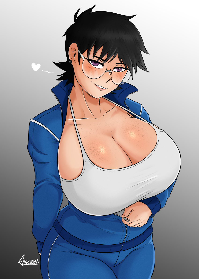 1girl absurdres arm_behind_back black_hair body_freckles breasts cleavage escriba freckles glasses heart highres jane_(nesz) looking_at_viewer open_clothes original purple_eyes shirt short_hair t-shirt track_suit zipper_pull_tab
