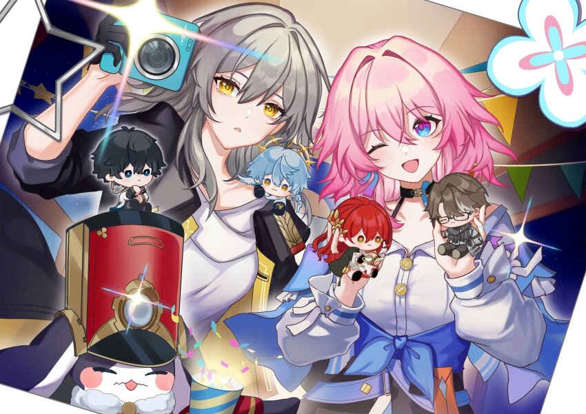 1other 2girls black_choker black_gloves black_jacket blue_eyes blue_jacket bra_strap breasts buttons camera choker commentary dan_heng_(honkai:_star_rail) dan_heng_(hunt)_(honkai:_star_rail) earrings english_commentary gloves gradient_clothes gradient_jacket grey_hair hair_intakes highres himeko_(honkai:_star_rail) holding holding_camera honkai:_star_rail honkai_(series) jacket jewelry long_sleeves looking_at_viewer march_7th_(honkai:_star_rail) march_7th_(preservation)_(honkai:_star_rail) medium_breasts medium_hair missing_commentary mixed-language_commentary multicolored_eyes multiple_girls off-shoulder_jacket off_shoulder one_eye_closed open_clothes open_jacket open_mouth parted_lips pink_eyes pink_hair pink_jacket pom-pom_(honkai:_star_rail) shirt single_earring smile stelle_(honkai:_star_rail) sunday_(honkai:_star_rail) tied_jacket trailblazer_(honkai:_star_rail) two-tone_eyes underbust vietnamese_commentary white_shirt xnoahru yellow_eyes
