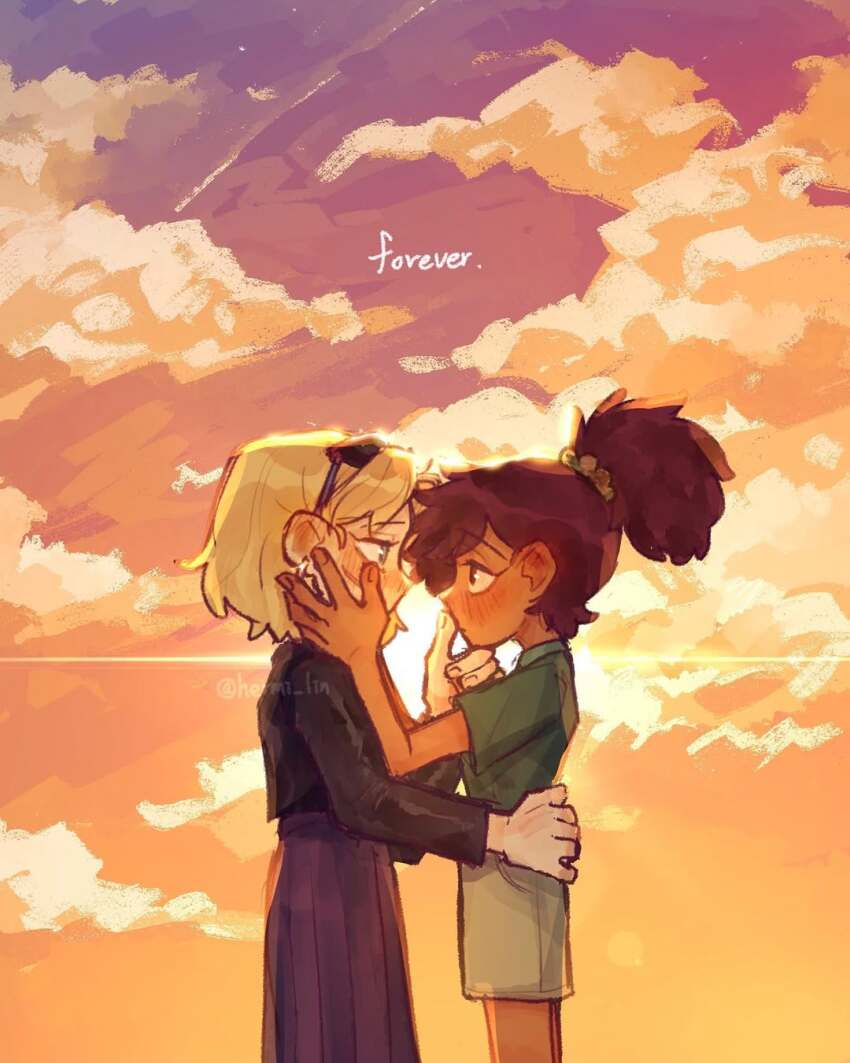 2girls amphibia anne_boonchuy blonde_hair blue_eyes blush brown_eyes brown_hair cloud dark-skinned_female dark_skin earrings english_text eye_contact eyewear_on_head green_shirt hair_ornament hair_scrunchie hand_on_another&#039;s_chin hand_on_another&#039;s_waist hands_on_another&#039;s_cheeks hands_on_another&#039;s_face hermi highres jacket jewelry leather leather_jacket long_skirt looking_at_another multiple_girls orange_sky ponytail purple_skirt sasha_waybright scrunchie shirt short_hair shorts signature skirt sky standing yuri