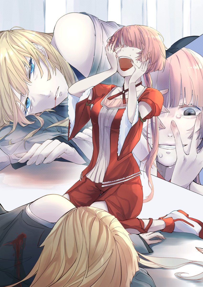 2girls alternate_hair_color arm_cutout backstab bags_under_eyes bare_shoulders bleeding blonde_hair blood blood_from_mouth blue_eyes blunt_bangs breasts choker collarbone colored_eyelashes crazy_grin crying crying_with_eyes_open elluka_chirclatia evil_grin evil_smile evillious_nendaiki footwear_ribbon grey_eyes grin hands_on_own_face highres injury irina_clockworker knee_cutout kneeling laughing long_hair lying ma_survival_(vocaloid) megurine_luka multiple_girls nekomura_iroha on_floor on_side open_mouth pale_skin pants petite pink_hair ponytail red_choker red_pants red_shirt shirt small_breasts smile streaming_tears tears tomari_drew vocaloid wide_sleeves