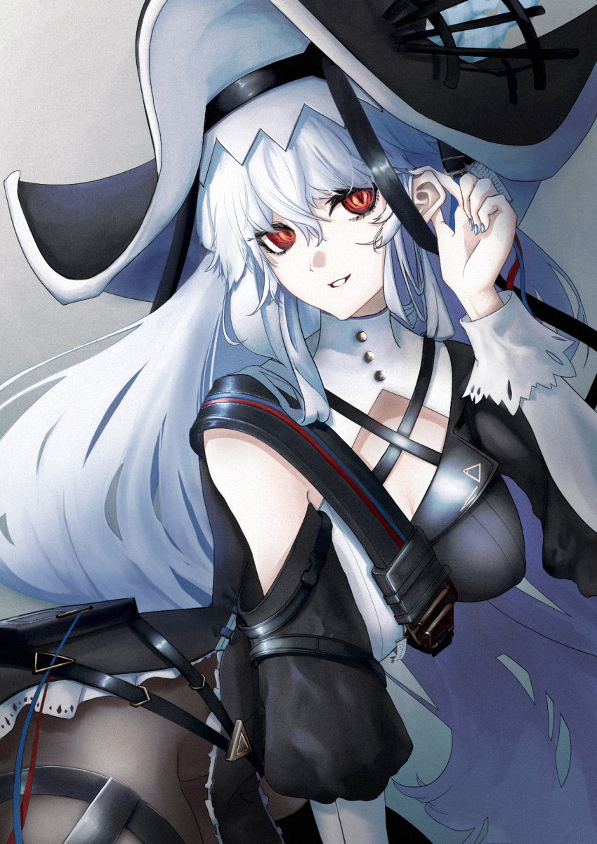 1girl amigasa arknights black_dress black_hat black_pantyhose blue_nails breasts clothing_cutout criss-cross_straps detached_sleeves dress fingernails frilled_skirt frills grey_hair hair_between_eyes hat highres inemi113 long_hair long_sleeves looking_at_viewer medium_breasts nail_polish pantyhose pointy_hat puffy_long_sleeves puffy_sleeves red_eyes shoulder_cutout shoulder_strap simple_background skirt solo specter_(arknights) specter_the_unchained_(arknights) thigh_cutout two-sided_fabric two-sided_headwear two-tone_dress very_long_hair