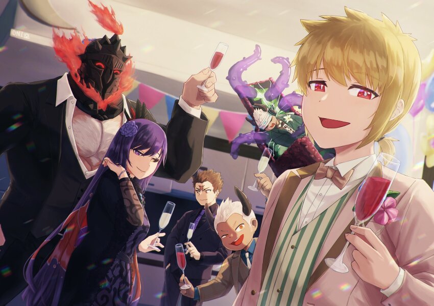 1girl 1other 4boys anniversary arc_(housamo) azathoth_(housamo) babalon_(housamo) black_hair black_sclera black_suit blonde_hair blue_shirt bow bowtie bracelet brown_hair brown_suit champagne_flute chest_hair collared_shirt colored_sclera commentary_request cross_scar cup dark-skinned_male dark_skin demon_horns dress_shirt drinking_glass fire formal_clothes glowing glowing_eyes happy helmet heterochromia highres holding holding_cup horns indoors jewelry kirito_(housamo) large_pectorals long_hair looking_at_viewer low_ponytail multiple_boys muscular muscular_male necktie onigirioni open_mouth partially_unbuttoned pectorals pennant plaid ponytail purple_eyes purple_hair purple_necktie red_eyes refraction scar scar_on_face scar_on_forehead shirt short_hair sidelocks signature sitting smile string_of_flags striped_clothes striped_vest suit surtr_(housamo) teeth tentacles tokyo_houkago_summoners traditional_bowtie upper_teeth_only v-shaped_eyebrows vertical-striped_clothes vertical-striped_vest vest white_hair white_necktie yellow_eyes