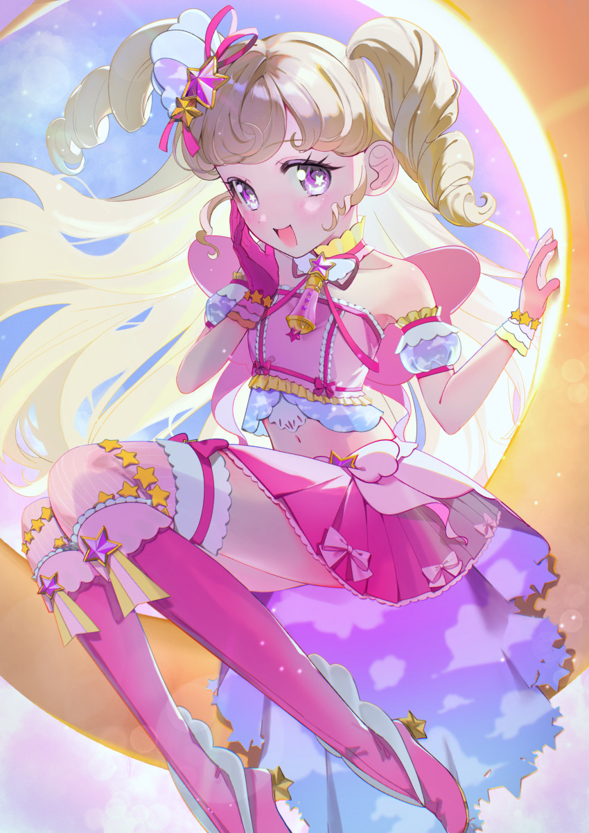 :d absurdres bare_shoulders blonde_hair blush boots crescent_moon cropped_shirt detached_sleeves drill_hair floating_hair full_body gloves hair_ornament hands_up highres idol_time_pripara long_hair medium_skirt midriff moon navel on_crescent open_mouth pink_boots pink_gloves pink_shirt pink_skirt pipo_(pipopipopo00) pretty_series pripara purple_eyes shirt single_glove skirt sleeveless sleeveless_shirt smile star_(symbol) star_in_eye symbol_in_eye twin_drills white_sleeves white_wrist_cuffs wrist_cuffs yumekawa_yui