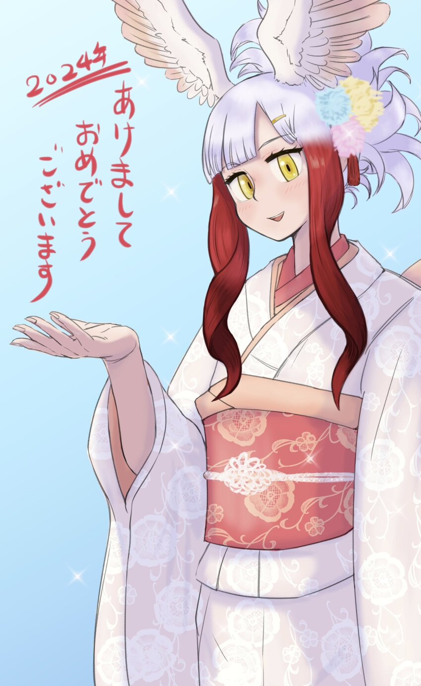 1girl alternate_costume aotsuki_tsutome bird_girl bird_wings blunt_bangs blush floral_print floral_print_kimono floral_print_sash hair_ornament hairclip head_wings highres japanese_clothes japanese_crested_ibis_(kemono_friends) kemono_friends kimono long_sleeves looking_at_viewer multicolored_hair obi print_kimono red_hair sash short_hair sidelocks smile solo translation_request white_hair white_kimono wings yellow_eyes