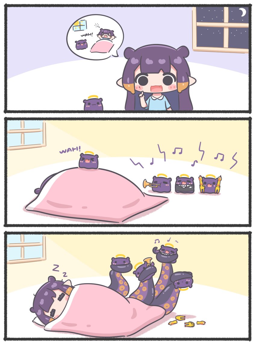 &gt;_&lt; 1girl :3 :d =_= absurdres blush_stickers fang formal_clothes futon halo highres hololive hololive_english instrument long_hair mole mole_under_eye mpien multicolored_hair music musical_note ninomae_ina&#039;nis open_mouth orange_hair pillow pointy_ears purple_hair rubber_chicken sex sex_from_behind singing sleeping smile solid_circle_eyes spoken_character suit tentacle_hair trumpet virtual_youtuber waking_up xd