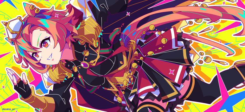 1girl absurdres animal_ears black_gloves black_shirt black_skirt black_thighhighs commentary crown drop_shadow fingerless_gloves gloves grin highres horse_ears horse_girl horse_tail long_sleeves orange_hair outline red_eyes red_skirt running scalizo shirt short_hair skirt smile solo t.m._opera_o_(umamusume) tail thighhighs twitter_username two-tone_skirt umamusume white_outline yellow_background