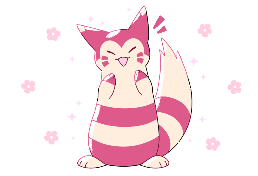 alternate_color closed_eyes colored_lineart commentary commission creature creature_focus english_commentary flower_symbol full_body furret gen_2_pokemon gotchibam ko-fi_commission nintendo no_humans pokemon pokemon_(creature) pokemon_focus shiny_pokemon sidelighting simple_background smile solo sparkle sparkling_aura standing white_background