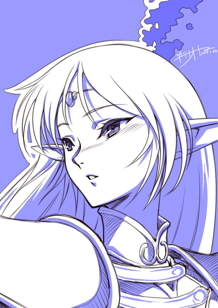 1990s_(style) 1girl absurdres armor circlet date_naoto dated deedlit elf greyscale highres long_hair looking_to_the_side monochrome pointy_ears record_of_lodoss_war retro_artstyle shoulder_armor signature solo very_long_hair